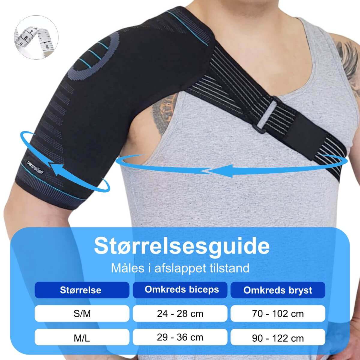 Skulderstøtte med kompression og støtte til skulder lindrer smerter i skulder fra skader, overbelastning, betændelse, frossen skulder og slidgigt. Køb skulderbind SS10 i lette og åndbare materialer hos Carerelief.dk.