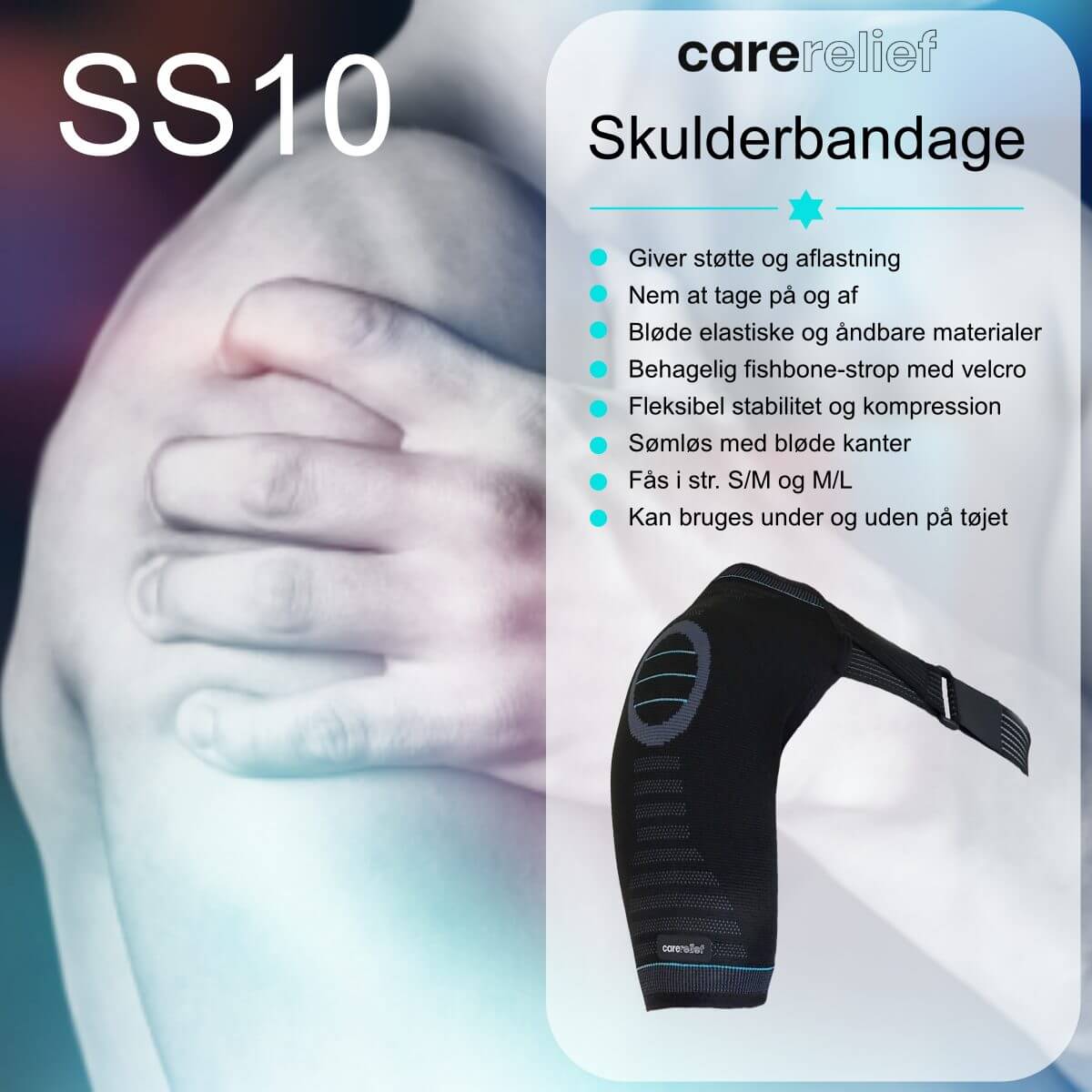 Skulderstøtte SS10 care. Blød og åndbar skulderbandage til kvinder og mænd. Komfort med støtte og aflastning til skulderen. Køb elastisk skulderbind hos Carerelief.dk.