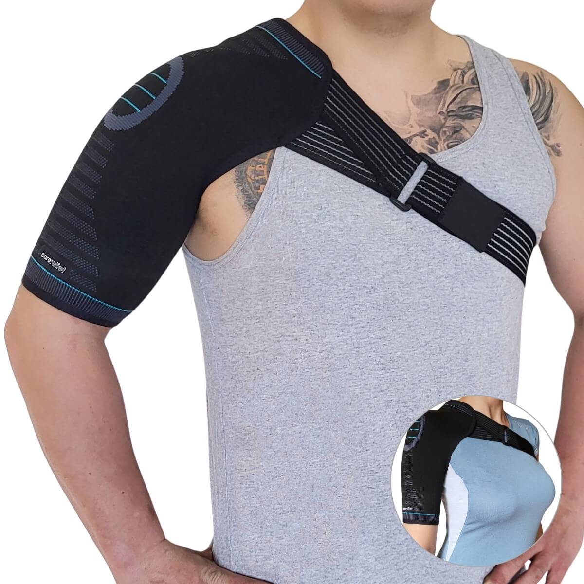 Skulderstøtte til kvinder og mænd. Åndbar skulderbandage med kompression, støtte og smertelindring til skulder og overarm ved skuldersmerter, frossen skulder og gigt. Skulderbind str. S/M, M/L. Køb skulderbandage til sport og hverdag SS10 hos Carerelief.