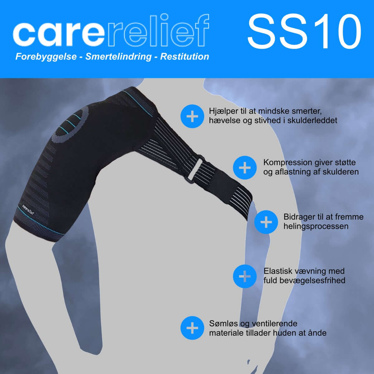 Åndbart skulderbind i 3-lags vævning med velcrolukning giver støtte, aflastning og smertelindring til højre og venstre skulder og overarm. Køb skulderbandage SS10 billigt hos Carerelief.dk.