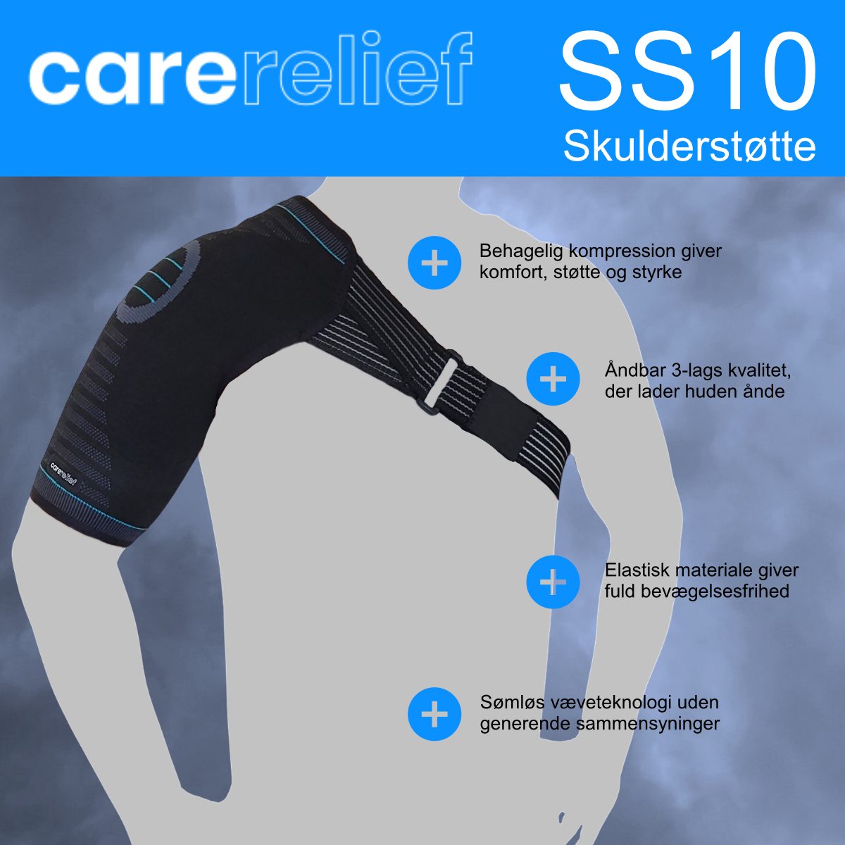 Skulderstøtte SS10 Care er et elastisk og åndbart skulderbind, der giver støtte og aflastning ved slidtage, overbelastning og inflammation i skulderen. Køb skulderbandage med velcro til mænd og kvinder hos Carerelief.dk.