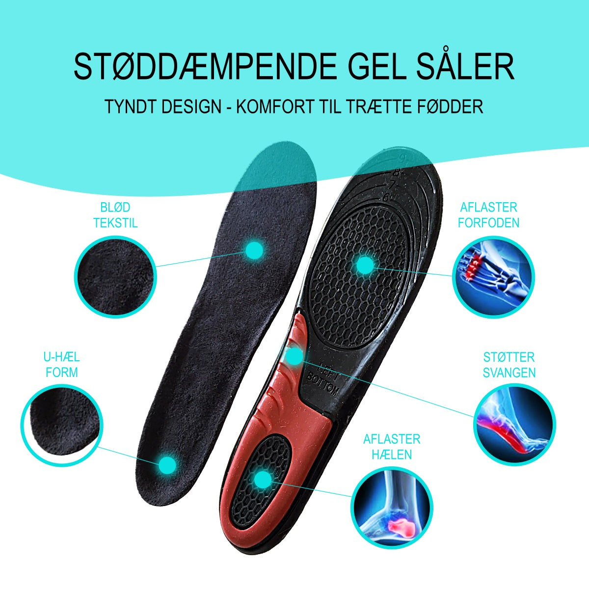 Gel såler lindrer og beskytter trætte og ømme fødder i sko ved løb og gang. Bløde og behagelige gelindlæg til at støtte hele foden i str. 34-48. GS20 GO