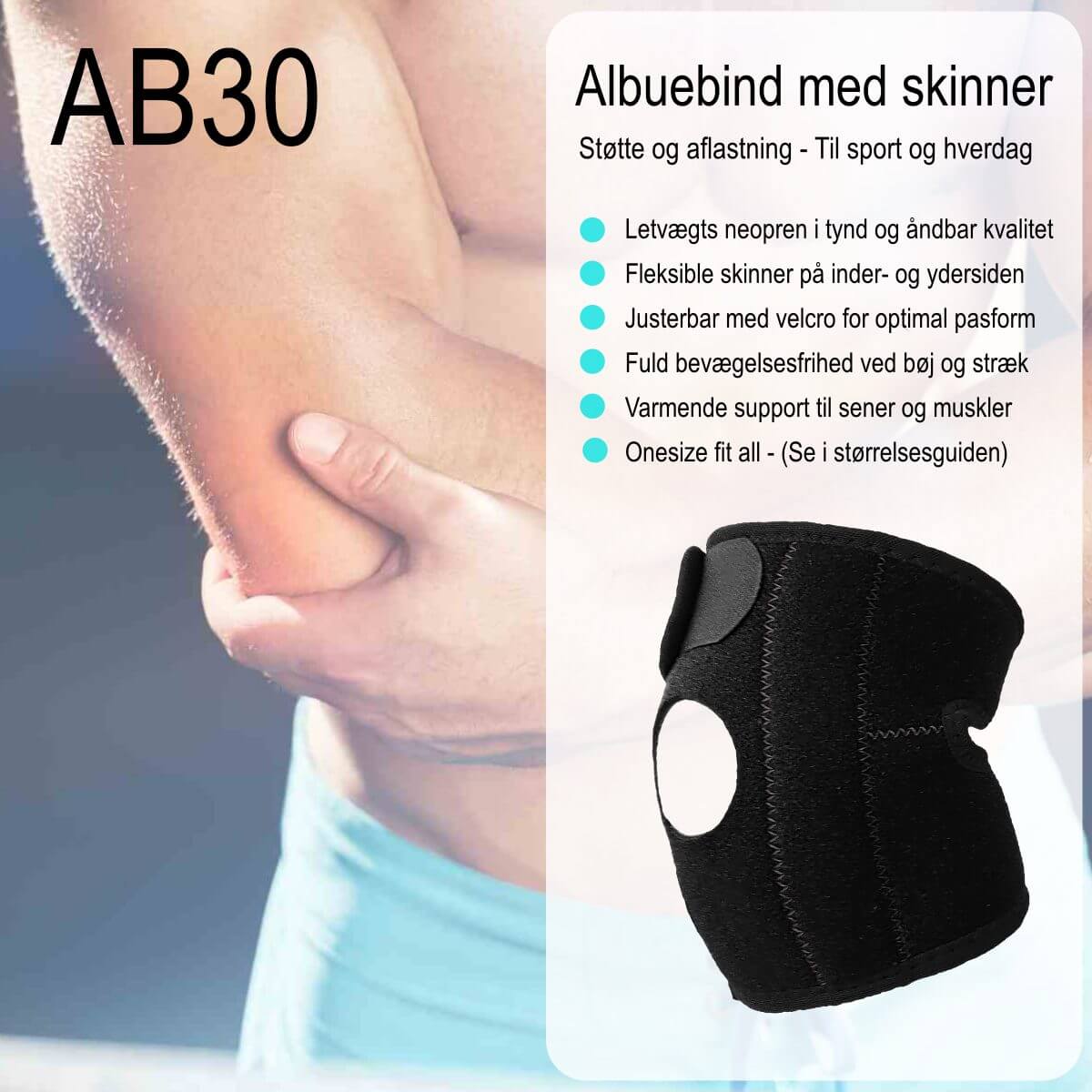 Albuebind med kompression i elastisk og håndbart neopren. Justerbar albuestøtte med skinner og velcro til sport, træning, arbejde og til hverdag. AB30 Train fra Carerelief