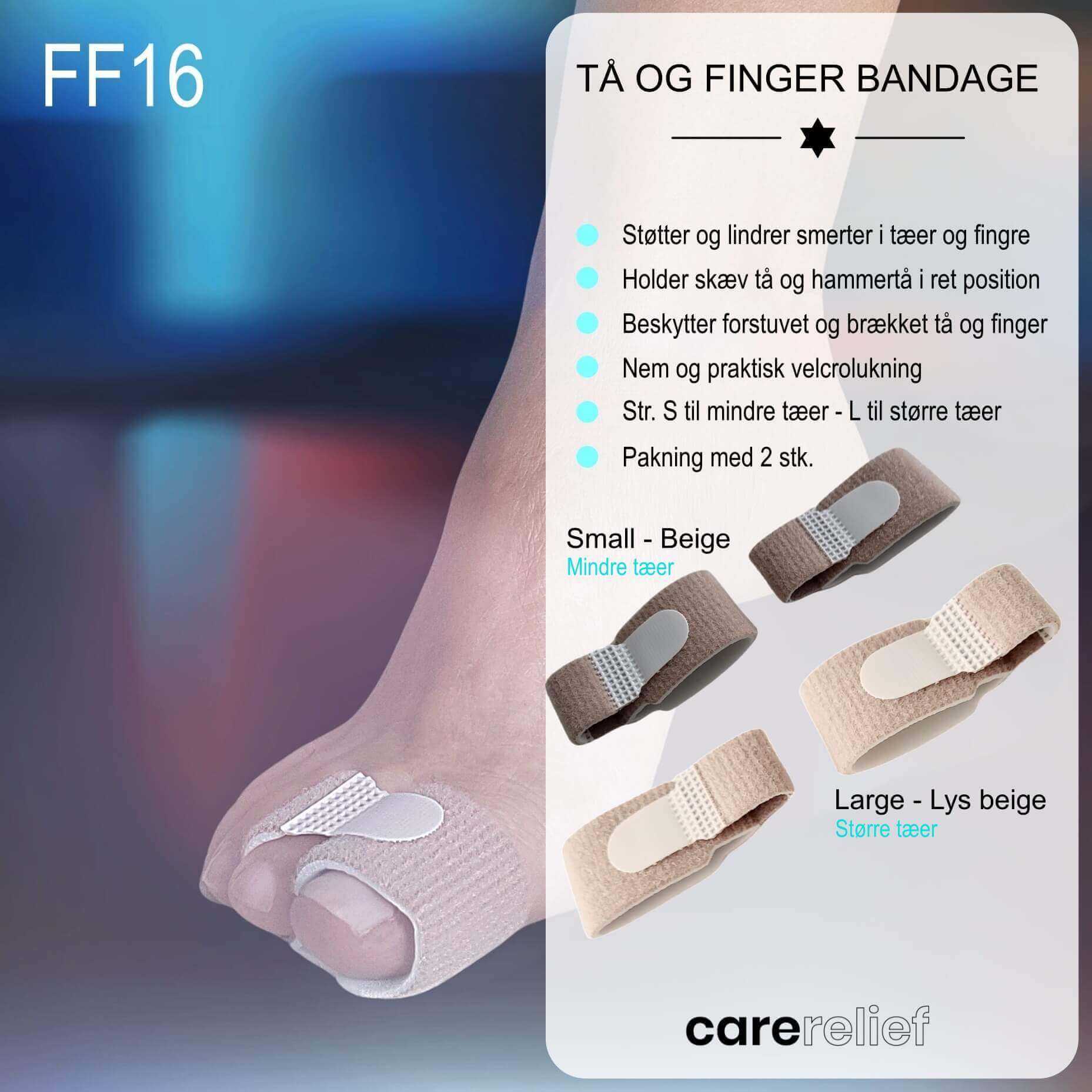 Tå og finger bandage med velcro, fås i str. S og L, 2 stk. Det er nemt at tage den på og af og til opbinding af skæv storetå, krumme og krogede tæer, bøjede tæer, forstuvet eller brækket tå og finger hos Carerelief.dk