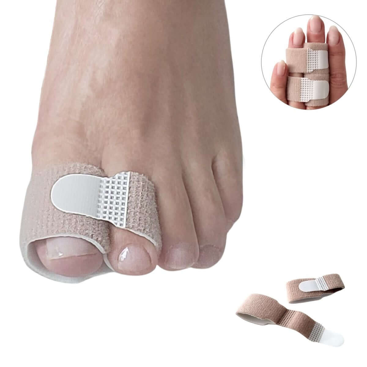 Køb tå og finger bandage med velcro online hos Carerelief, 2 stk. str. S og L. Tå og finger bånd til optapening og forbinding af hammertå, klotå samt forstuvede og brækkede tæer og fingre. 