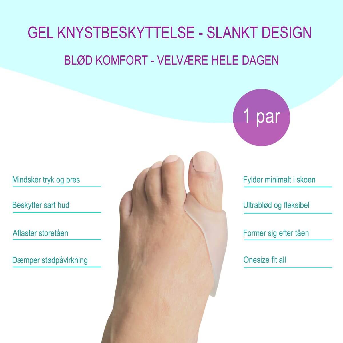 Tåskiller til storetå i silikone gel beskytter knyst ved storetå. Tåbeskytter storetå mindsker tryk på ømme knyster ved pres fra sko 2 stk.