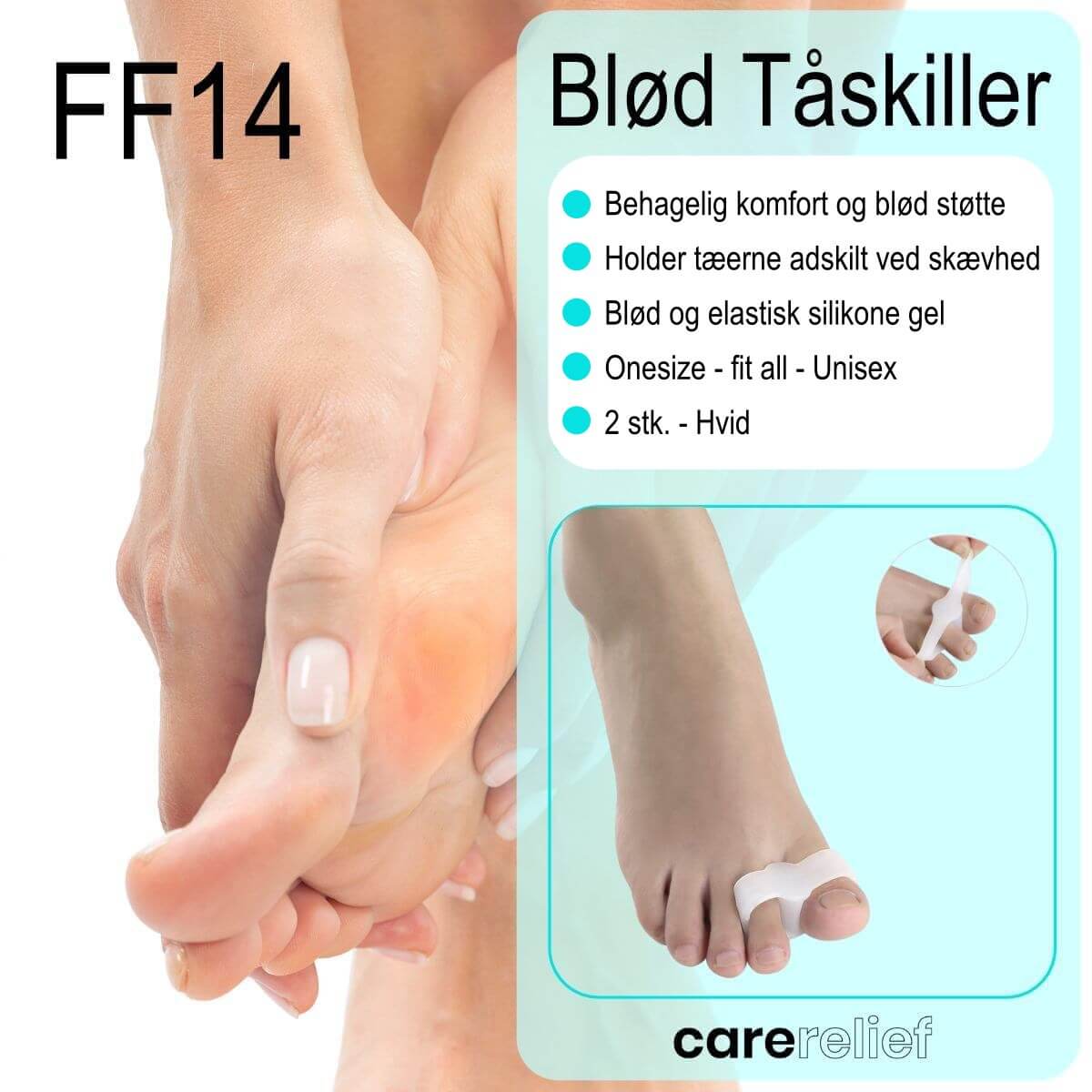 Tåskiller at blød silikone gel til skæv storetå og hammertå. Køb tåskiller med tåspreder i str. onesize fit all, 2 stk. billigt hos Carerelief.dk.