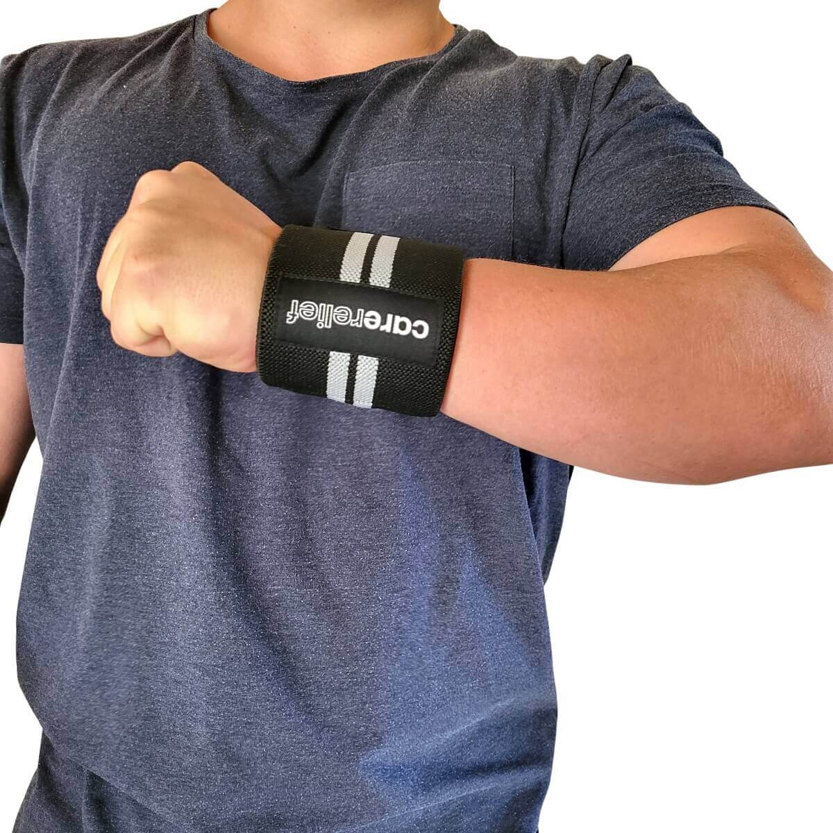Få håndsstøtte med 1 sæt elastisk og åndbar håndledsbandage med velcro i sort/grå. Køb håndledsbind sæt 8 x 60 cm mod skader og smerter i svage og ustabile håndled hos Carerelief.dk.