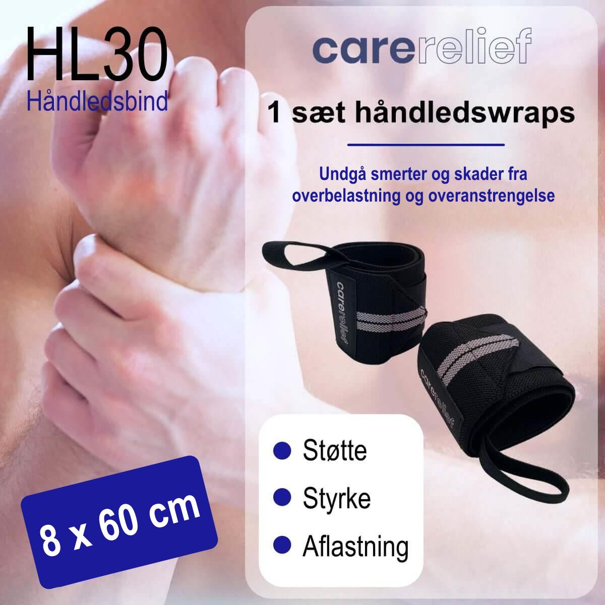 Wrist Wraps sæt HL30 hos Carerelief giver stabilitet og støtte til håndleddene ved træning og i hverdagen. Køb håndledsbind med håndledstøtte til sport (8 x 60 cm) hos Carerelief.dk.