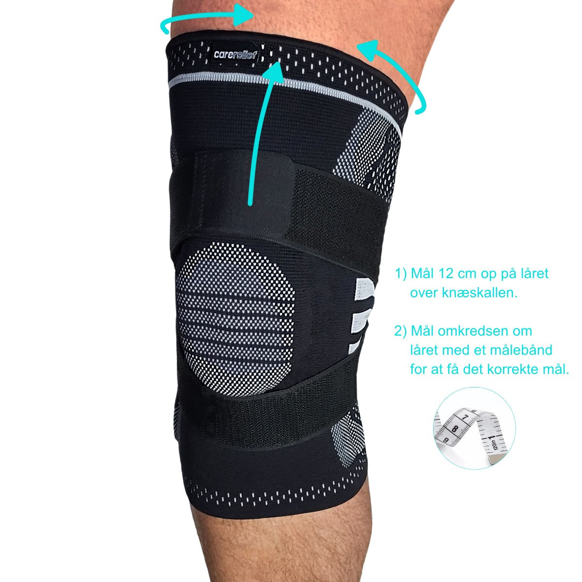 Find den perfekte pasform for din stabiliserende knæbandage med stålfjedre, silikone kant og gelring mod overbelastning, sport og træning. KN15 PRO fra Carerelief