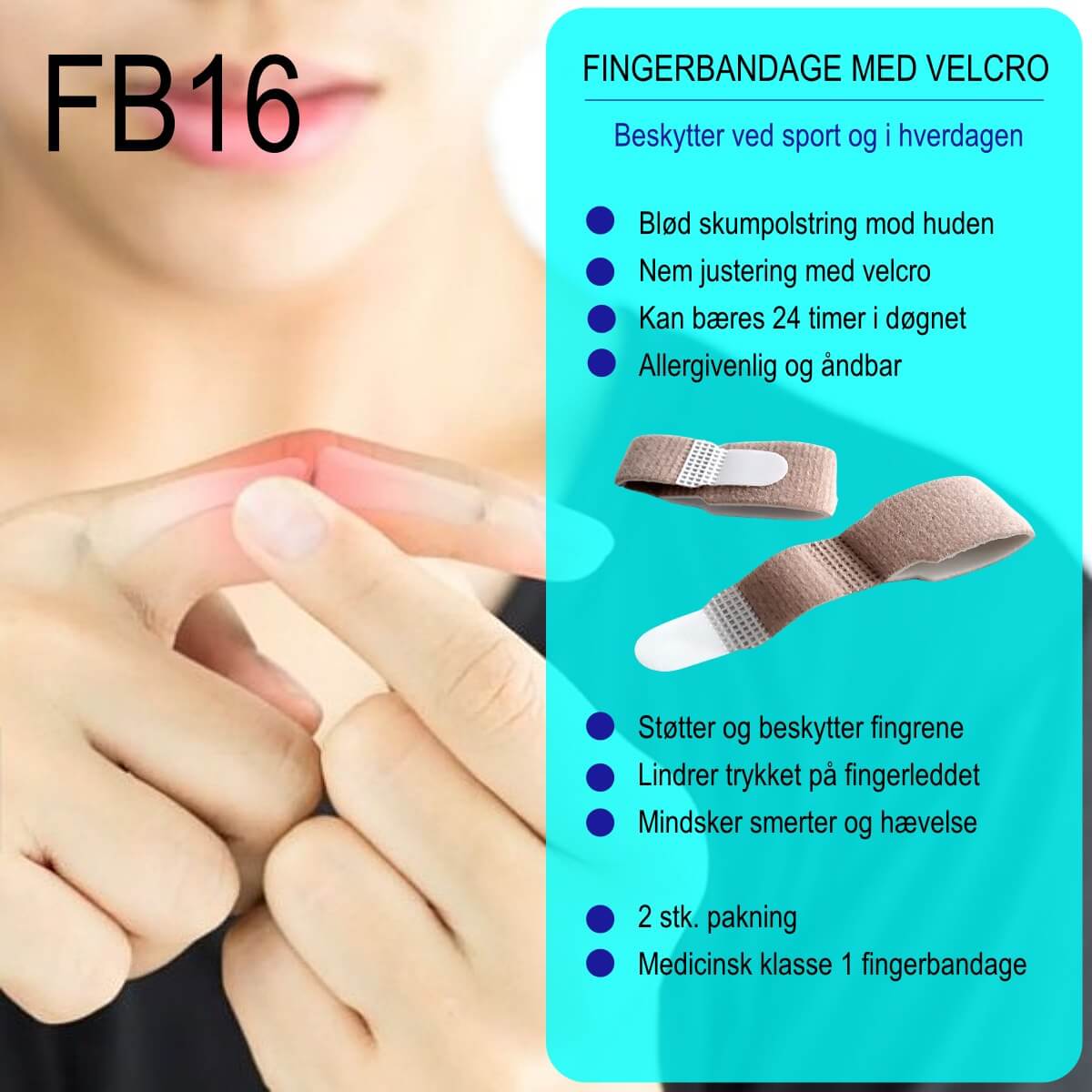 Fingerbandage med velcro og skum til at støtte og beskytter finger ved sport og i hverdagen FB16 Care