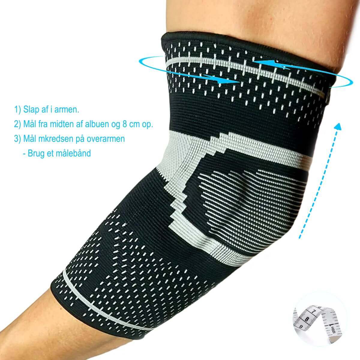 Størrelsesguide til valg af den korrekte albuebandage til tennisalbue. tennisalbue støtte til venstre albue og arm fås i S, M, L, XL.