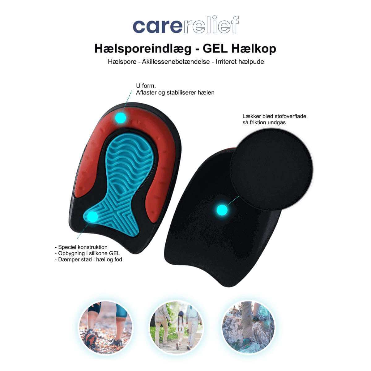 Hælspore indlæg i gel aflaster og lindrer smerter i hæl og akillessene ved sport og i hverdagen - FF25 GO