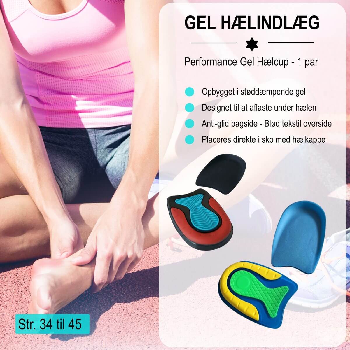 Indlæg til sko hæl 1 cm giver støtte til hæl og akillessene. Hælsporeindlæg absorberer stød og reducerer smerter i hælen ved løb og gang 2 stk.  FF25 GO.