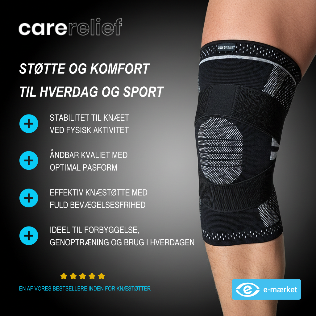 Knæbind med skinner, knæstrop og kompression giver støtte og stabilitet til knæet ved springerknæ og meniskskade ved sport, løb, træning og skiløb. KN15 PRO Carerelief
