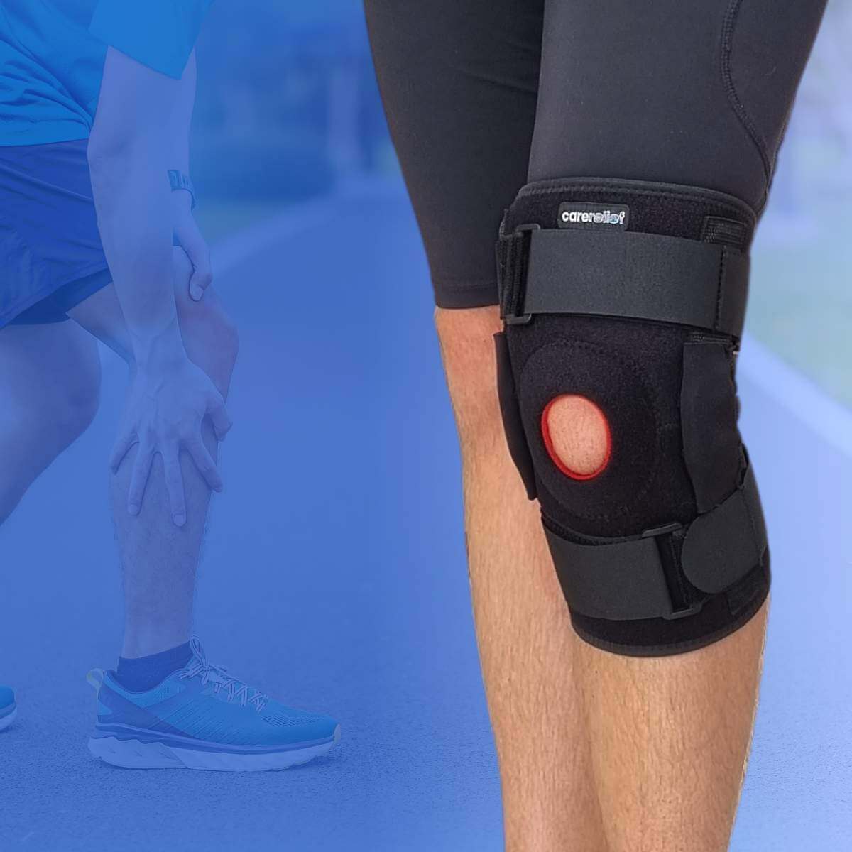 Køb knæbind, knæbandage og støttebind med støtte til knæet efter overbelastningsskader, springerknæ, meniskskade og korsbåndsskade hos Carerelief.