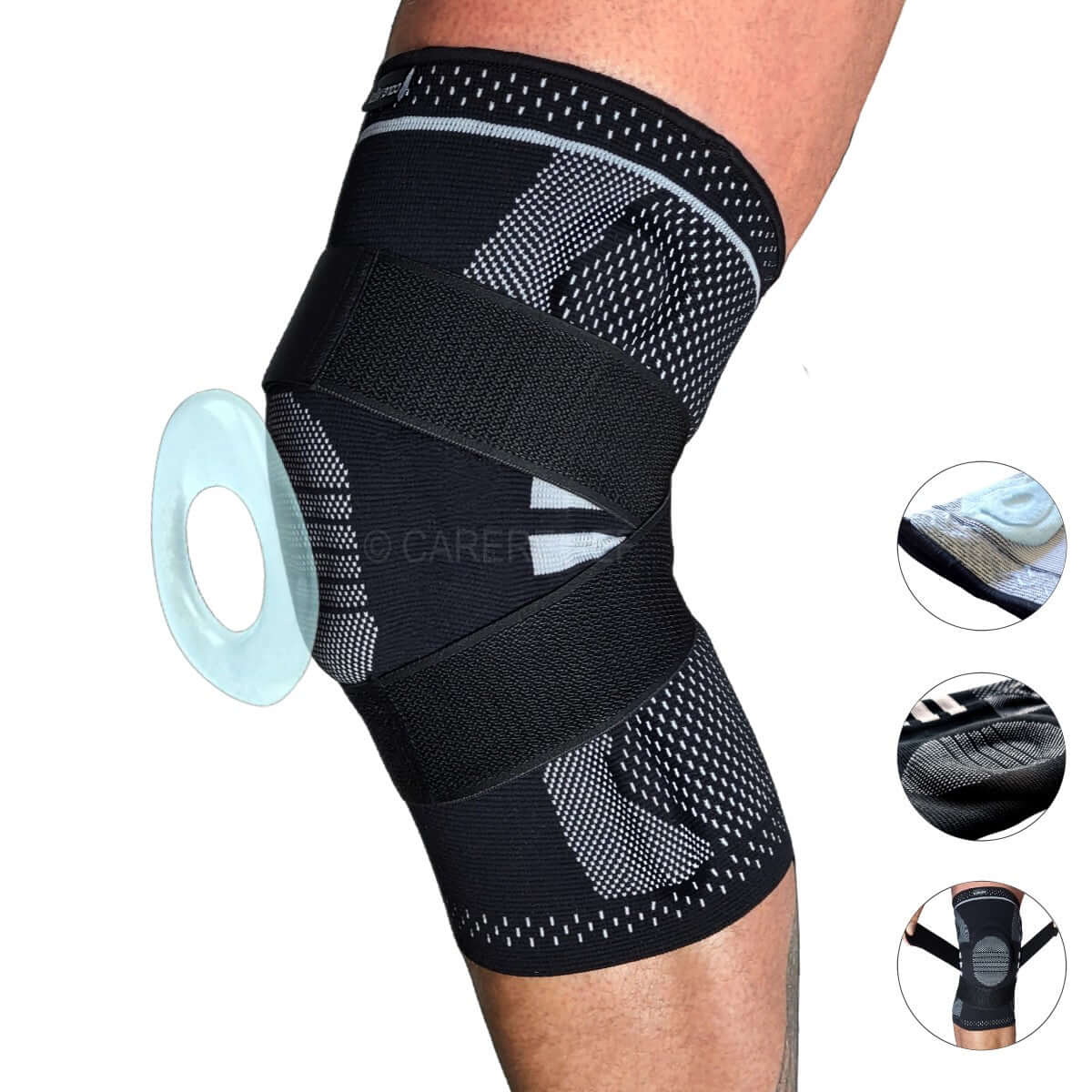 Knæbandage med stivere og anatomisk formet knæskalspude af silikone. Støtte og kompression til knæ, menisk og løberknæ. Aflaster og stabiliserer knæleddet. KN15 PRO – Carerelief.