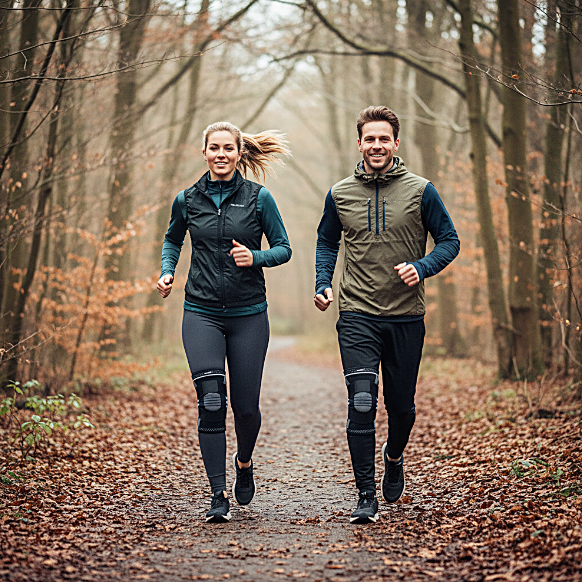 Kvinde og mand der løber med stabiliserende knæbind med skinner og gel-pude til at støtte og beskytte knæ og knæskal. KN15 PRO