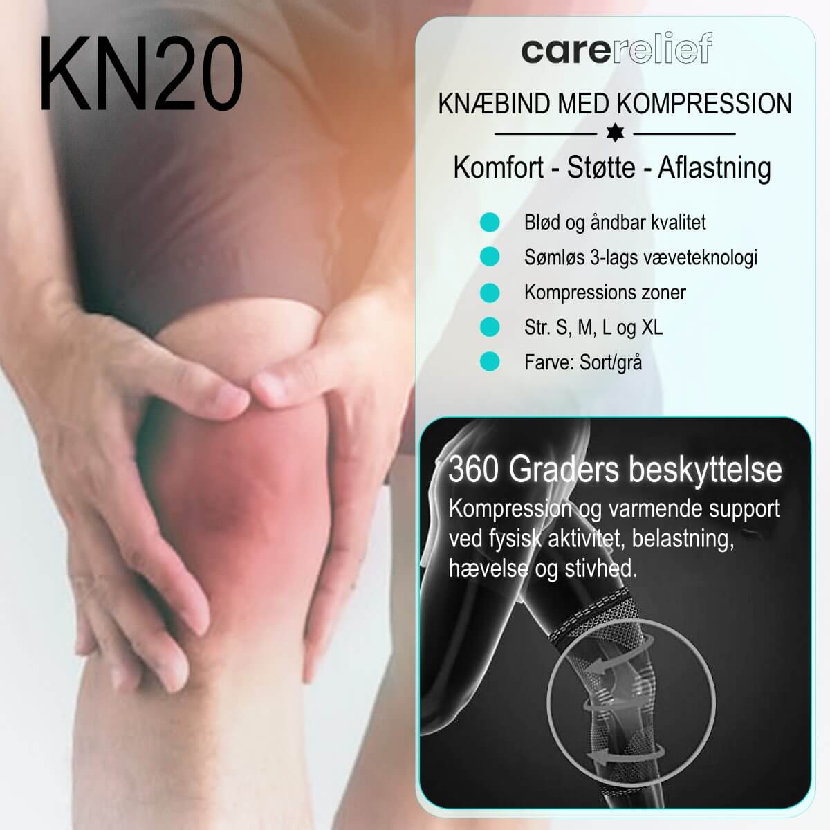 Soft knæbind med kompression til alle former for aktiviteter, der reducerer knæsmerter. Støttebind til knæ. KN20 Active fra Carerelief 
