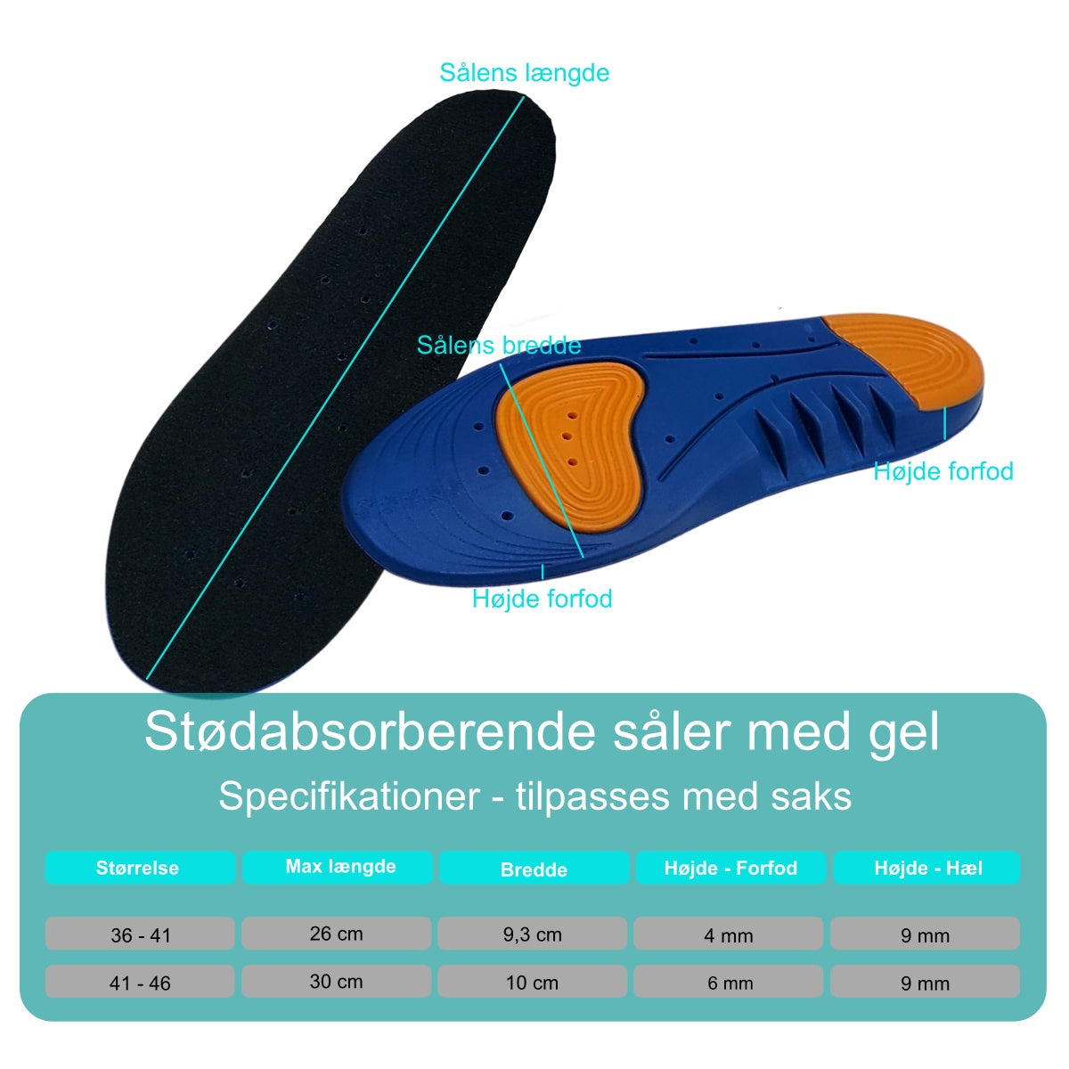 Indlægssål med svangstøtte og støddæmpende gel i forfod og hæl giver støtte og aflastning til hele foden ved sport, løb, vandring - FF47 GO