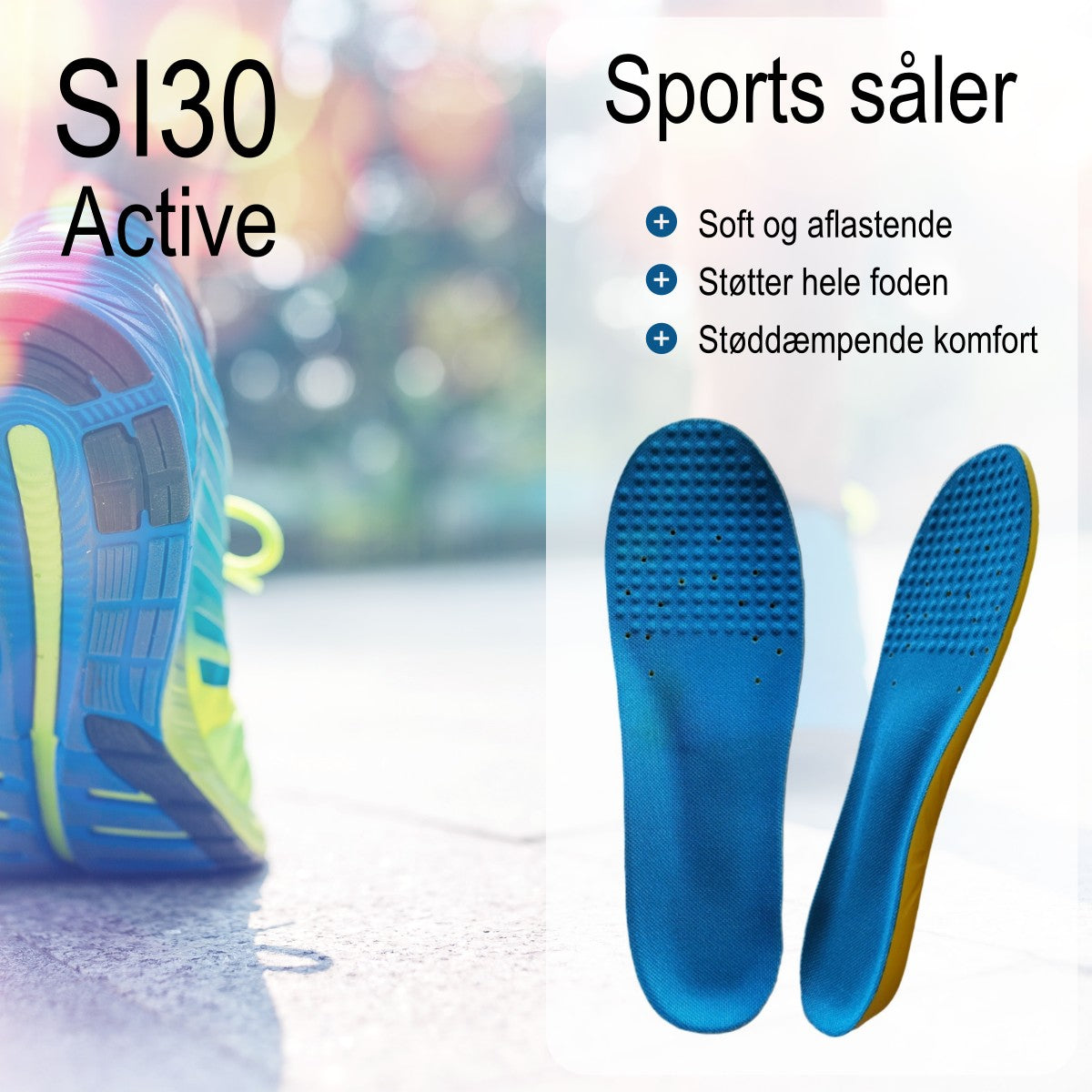 Bløde indlægssåler med svangstøtte med stødabsorbering til hele foden ved sport, løb og i hverdagen. Støddæmpende indlæg til sko str. 34 til 46.