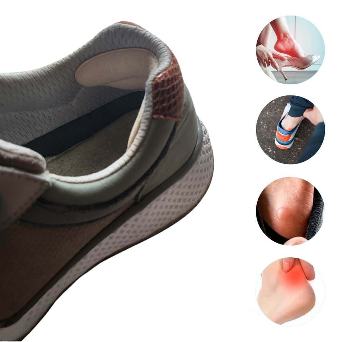 Hælbeskyttere til sko mod friktion, vabler og gnavsår på hæle i sko, løbesko, sneakers, stiletter og høje hæle.