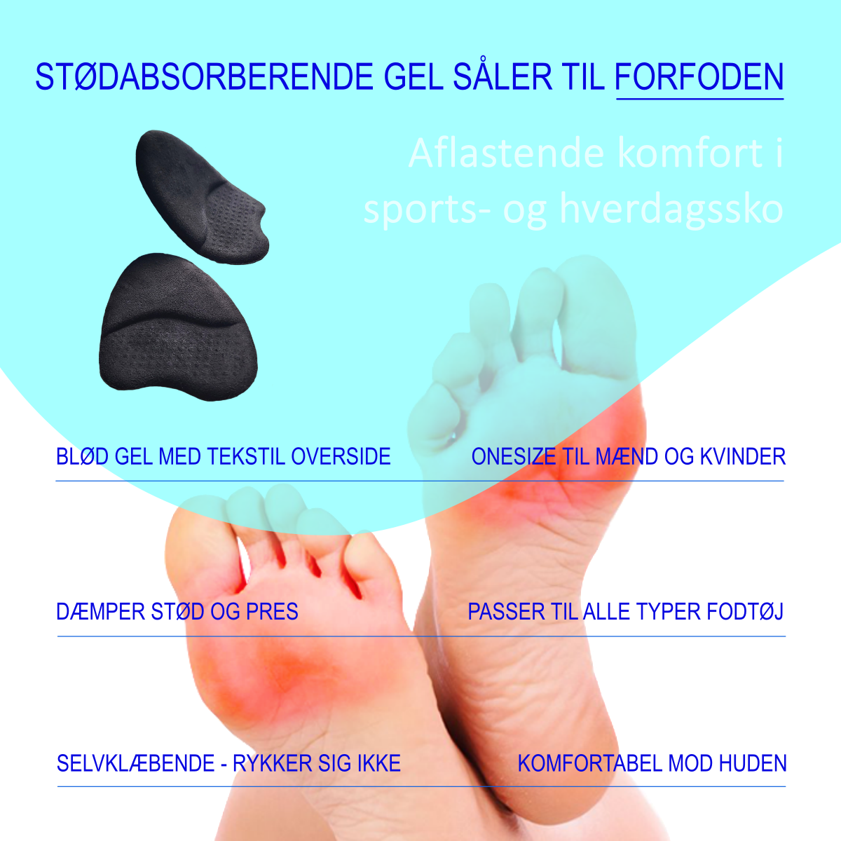 Gel forfodsindlæg med stødabsorberende støtte og aflastning til forfoden ved løb, gåture, vandring og sport. FF89 GO.