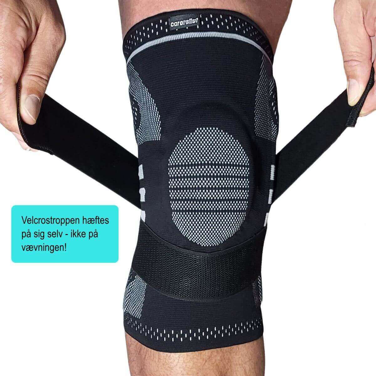 Kompressions knæbind med skinner og gel patella. Støttebind til knæ menisk med effektiv kompression og støtte til løberknæ, springerknæ,  ledbåndsskade, meniskskade. KN15 PRO fra Carerelief