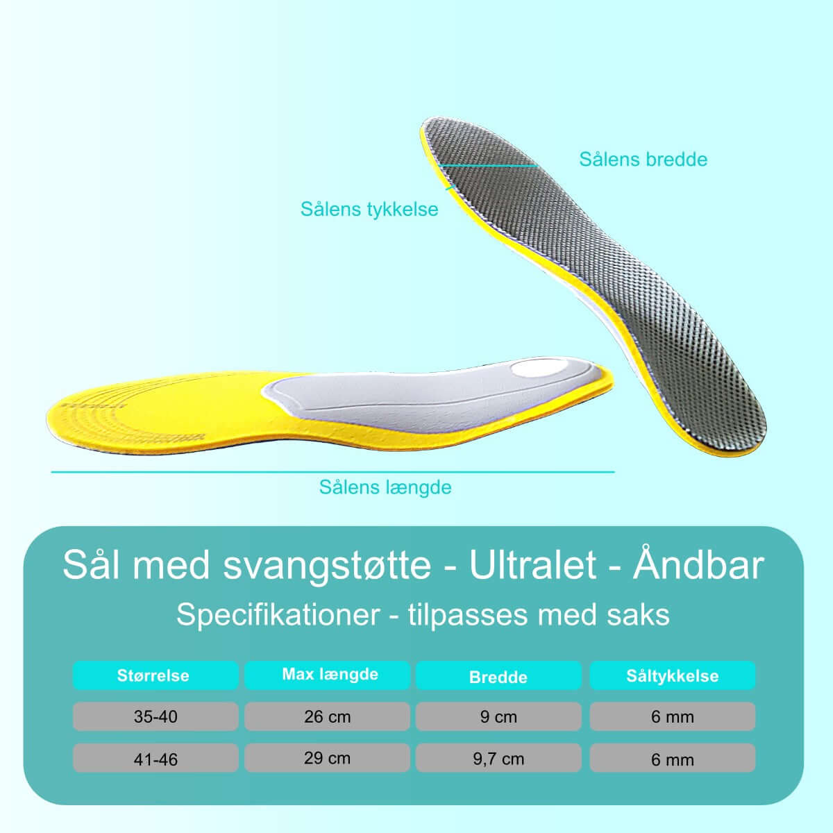 Indlægssåler med svangstøtte mod platfod og hælspore. 1 par svangstøtte såler. Oversigt over pasform og størrelser.