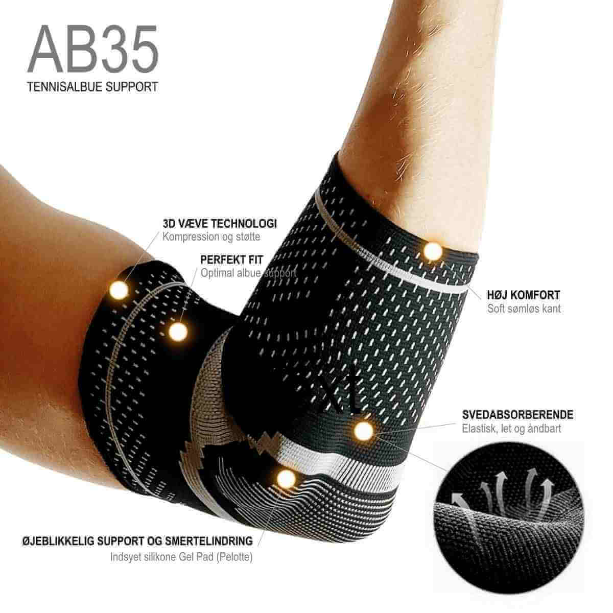 Åndbart albuebind til tennisalbue. tennisalbue støttebind med gel pude er ideel til padel, tennis og styrketræning. AB35 Epi albuestøtte til højre albue.