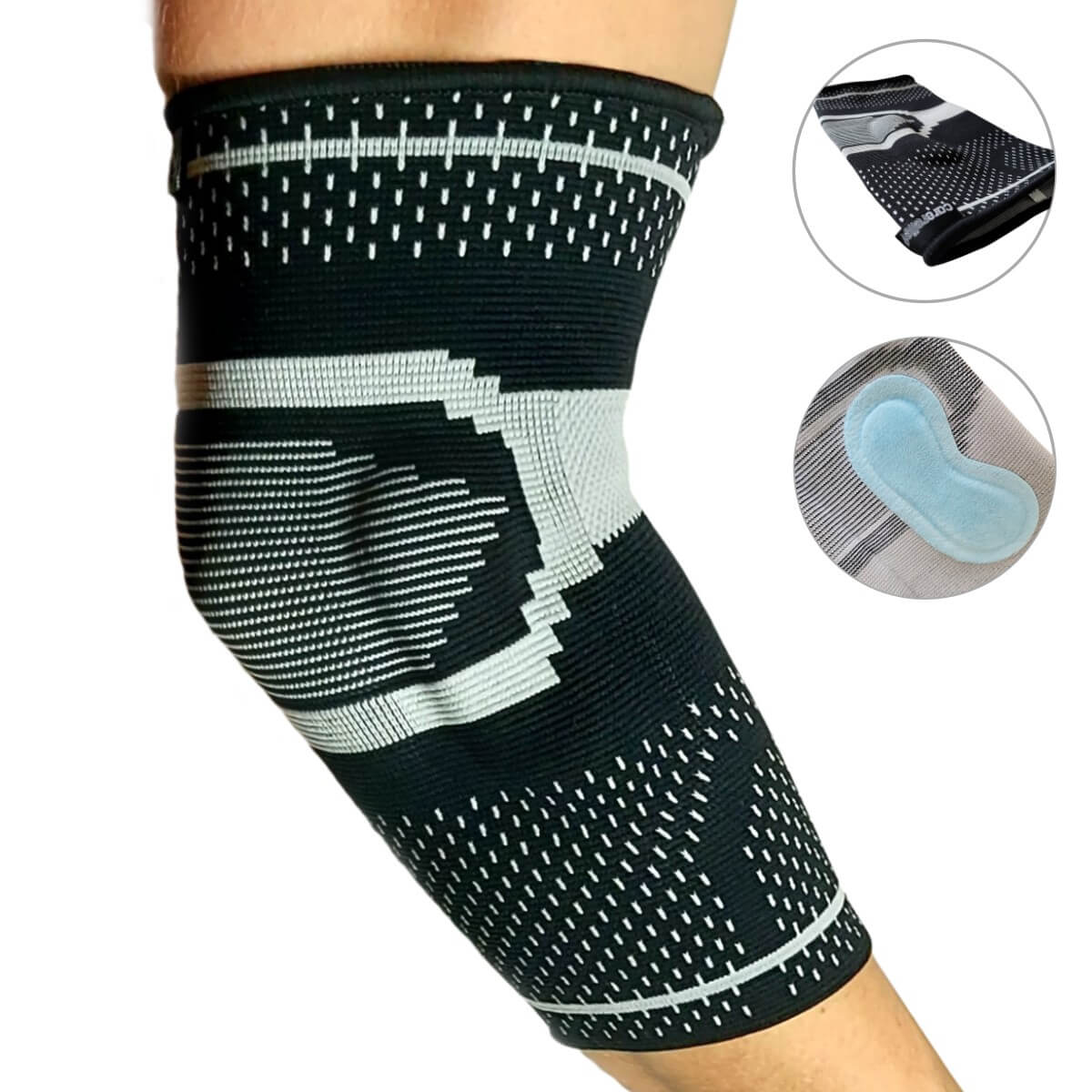 Anatomisk formet tennisalbue støttebind i 3D vævning med indlagt gel-pelotte. Tennisalbue støtte til venstre albue og arm. Ab35 Epi albuestøtte 