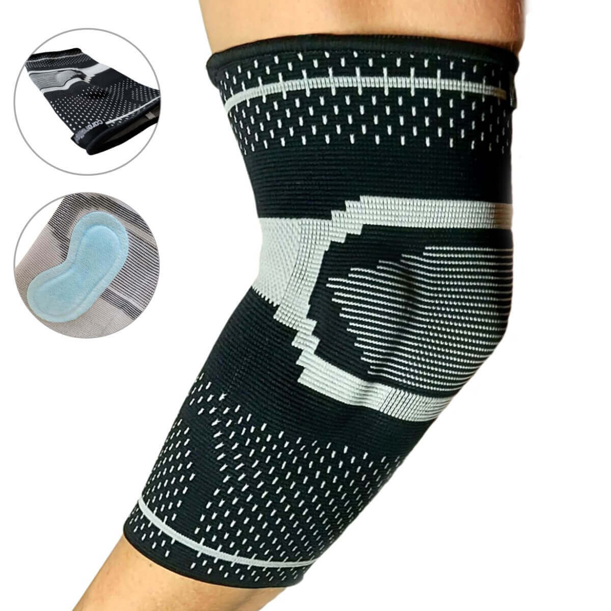 Anatomisk tennisalbue støttebind i åndbar vævning med gel indsats. Tennisalbue støtte mod smerter og overbelastet albue. AB35 Epi.