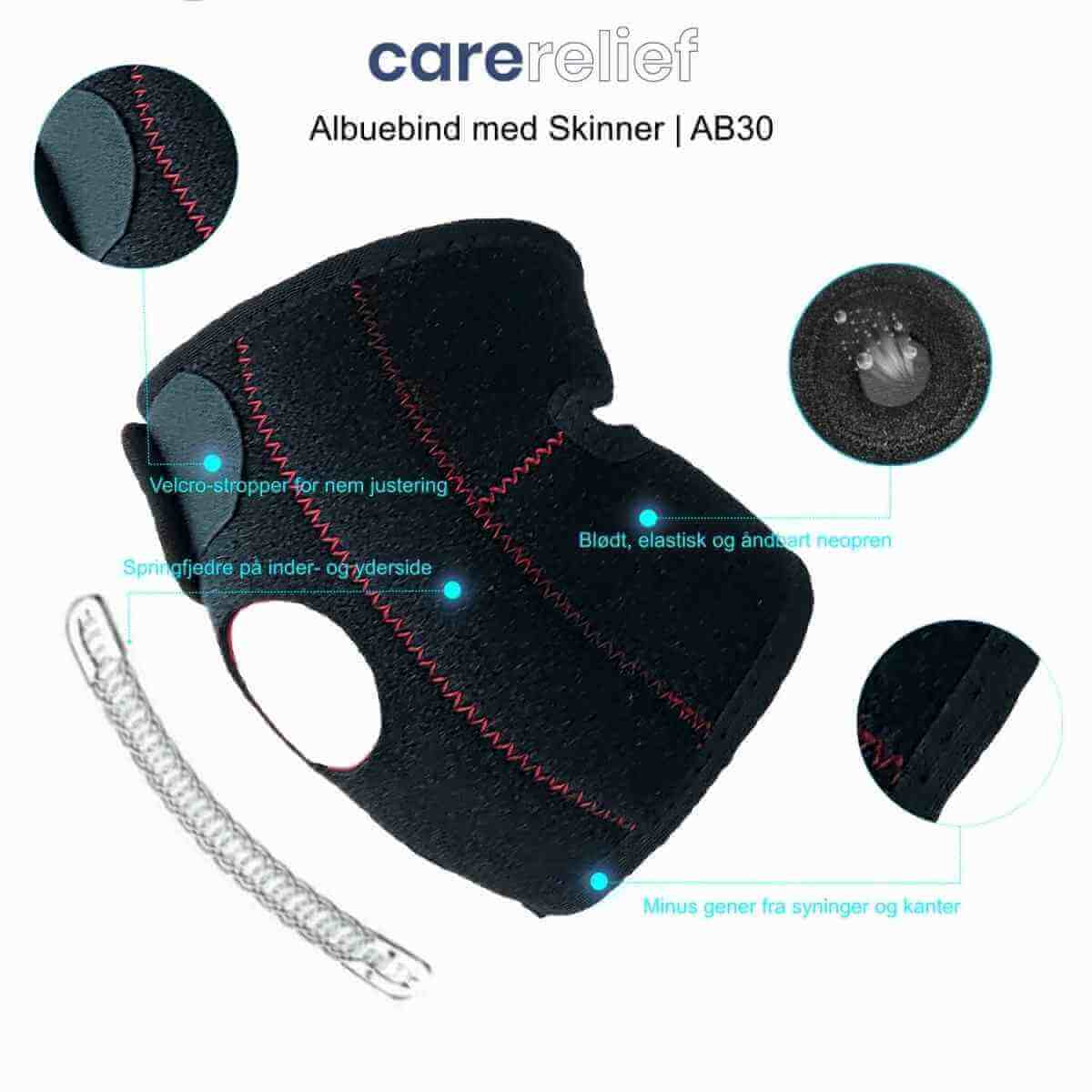 Støttebind til albuen med skinner i justerbart design giver støtte og lindring til albuen ved sport og i hverdagen. AB30 Train - Carerelief.