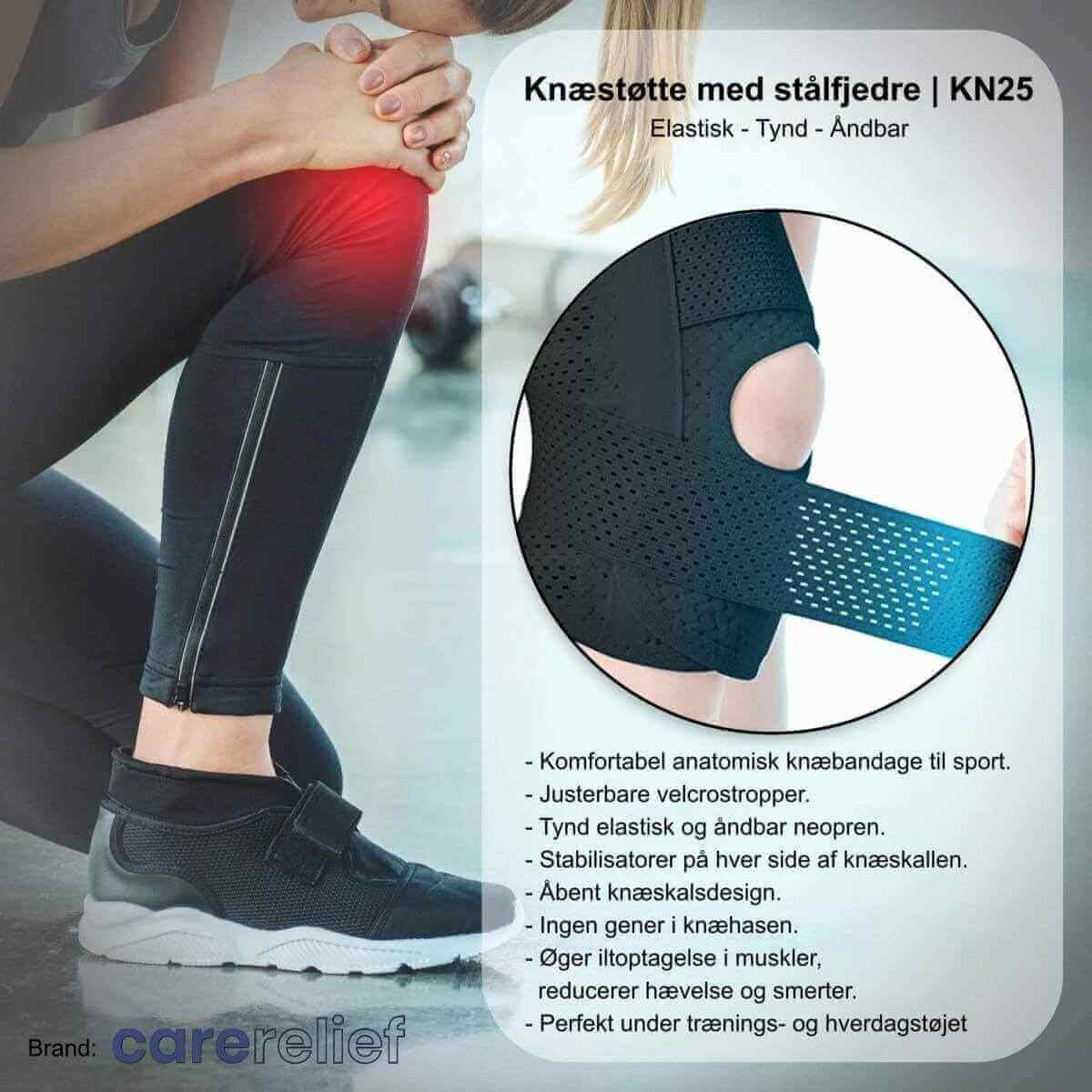 Knæstøtte med stålfjedre til et svagt og ustabilt knæ. Knæbind KN25 med skinner er slank og åndbart. Kan justeres og bæres under tøjet ved sport og i hverdagen.