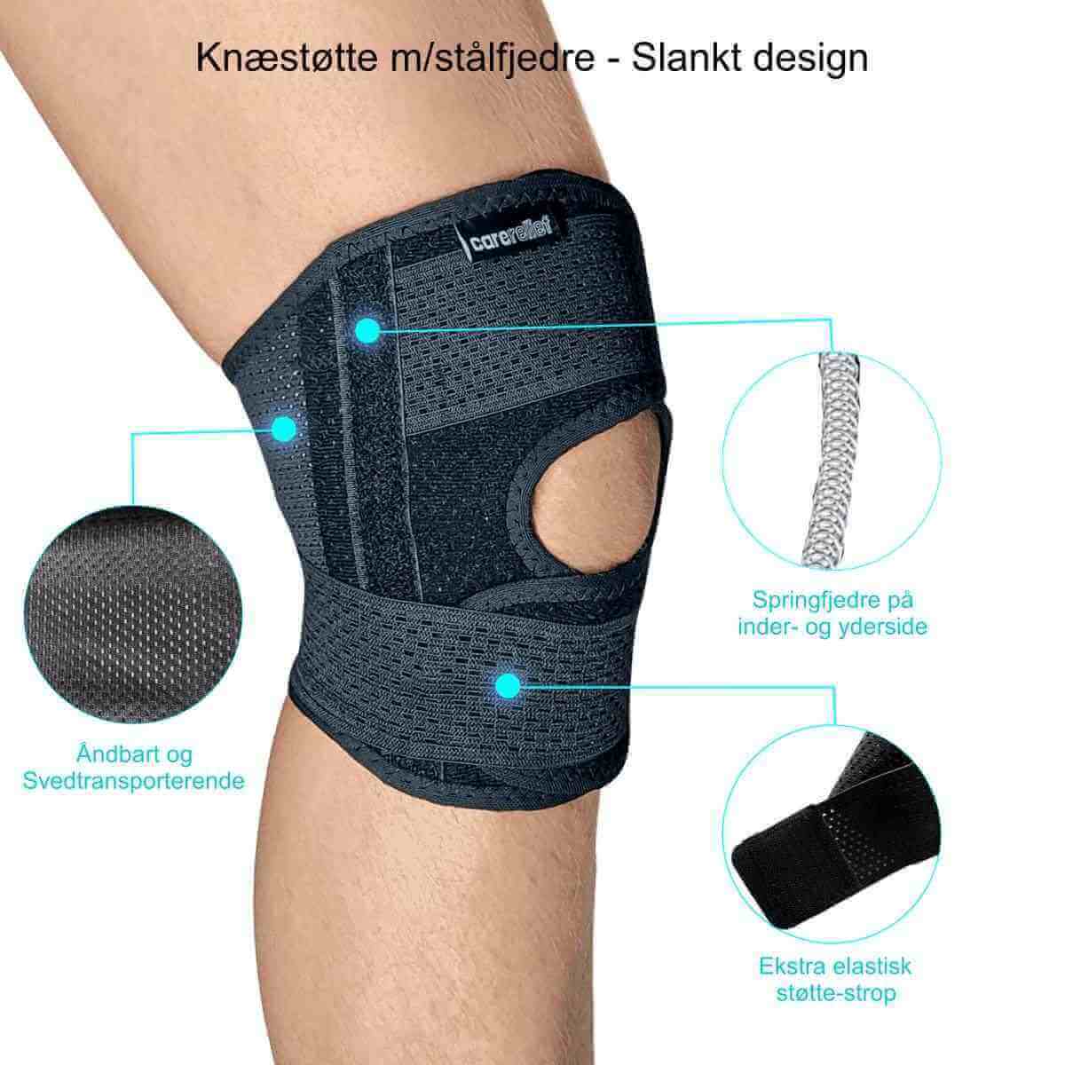 Køb ultralet knæbind i åndbar net-mesh med stålfjedre/skinner, åben patella og elastisk springerknæ knæstrop hos Carerelief. Slank knæbandage KN25 støtter og aflaster knæ og knæskal ved smerter fra skader, vrid og overbelastning.