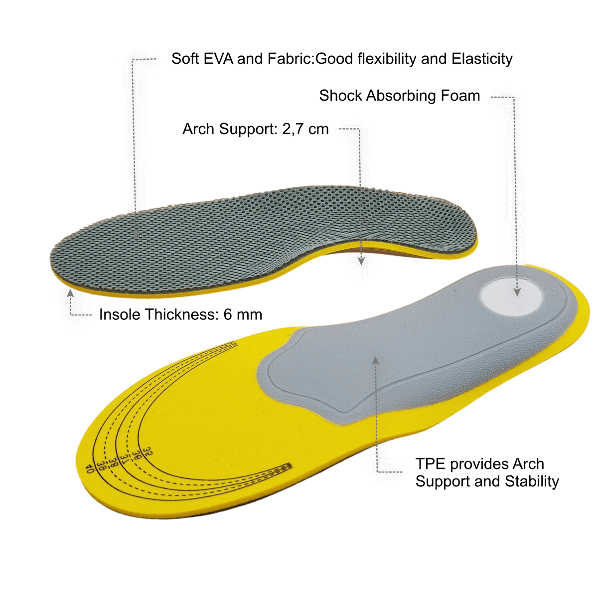 Svangstøtte såler til sport og hverdag FF37 GO.  Nærbillede af svangsålen. indlægssåler med svangstøtte og foam-pude i hælen FF37 GO..