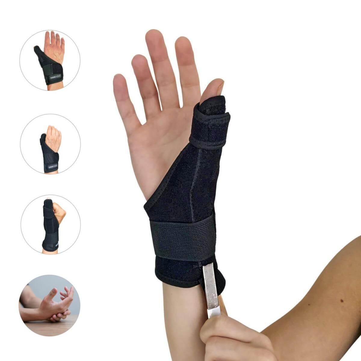 Justerbar tommelfingerbandage med anatomisk alu skinne. Køb tommelfinger støttebind HL10 til forstuvet tommelfinger, karpaltunnelsyndrom, seneskedehindebetændelse og gigt hos Carerelief.