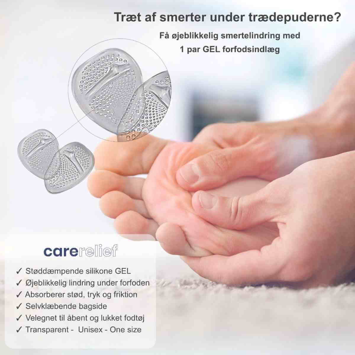 Støddæmpende gel forfodsindlæg med selvklæbende bagside. Aflastende komfort og smertelindring til forfoden i sko, sandaler og stiletter.
