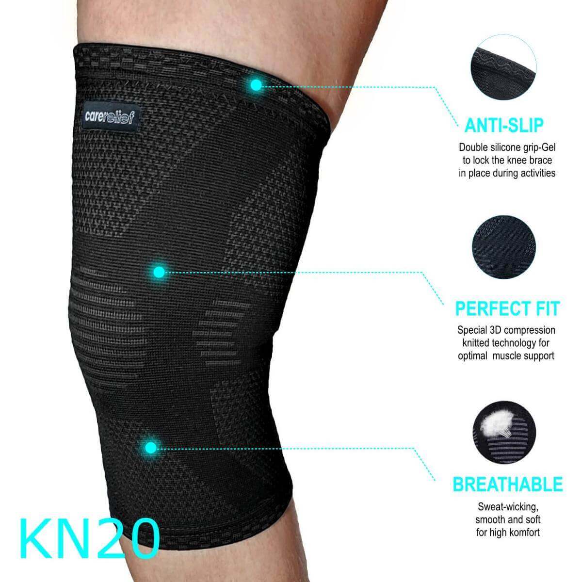Knæbind med kompression og støtte mod smerter fra skader og overbelastning i knæet, 4 str, sort. Yder god knæstøtte ved løb og sport. Køb åndbar knæ bandage KN20 til børn og voksne her!