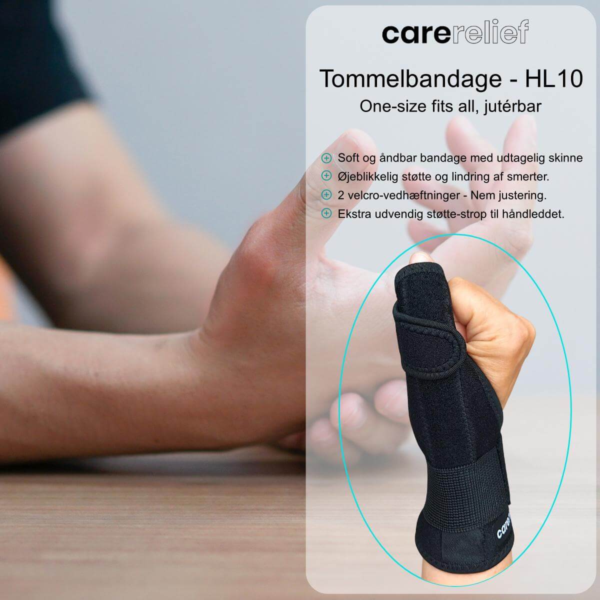 Kvalitets tommelfingerskinne og håndledsstøtte HL10, justérbar, one-size, sort. Køb bandage med skinne og støtte til tommel og håndled ved smerter fra skader, overbelastning og slidgigt.